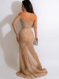 kamames Sexy Rhinestone Crystal Sheer Side Split Irregular Maxi Dress Women Off The Shoulder One Sleeve Party Club Long Dress