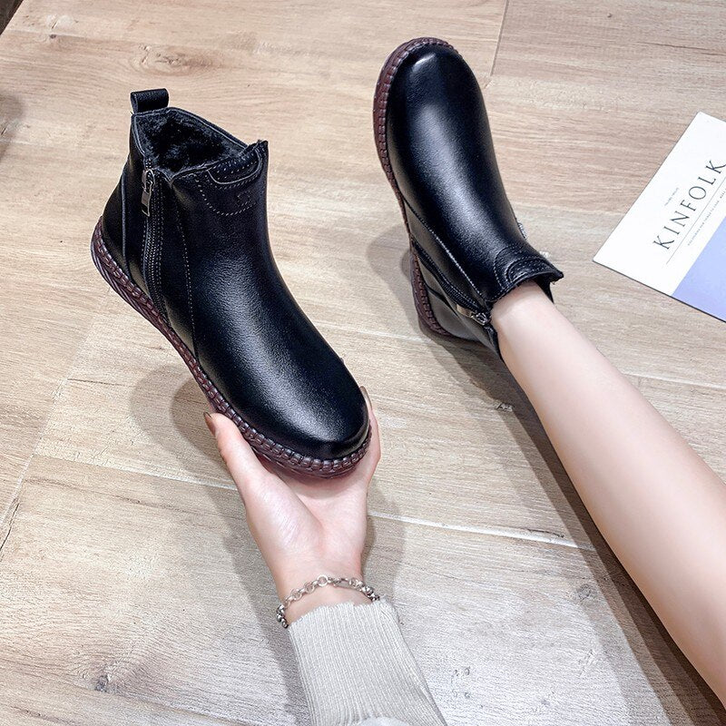 kamames Handmade Genuine Leather Women Ankle Boots Casual Snow Boots Winter Ladies Flat Shoes Zip Rubber Botines Mujer