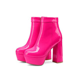 kamames Fashion Platform Women Ankle Boots Bright Pu Leather Square High Heel Punk Boots Autumn Winter Shoes Pink White Black Red