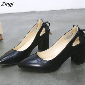kamames Quality Women Pumps Pure Color Square High Heels 6CM Fashion Black Leather Shallow Wedding Shoes Woman Large Size 44