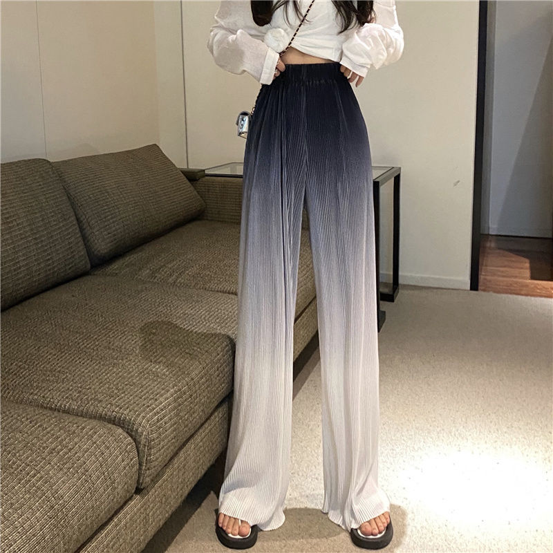 kamames Gradient Color Wide Leg Pants Women Summer Thin Pleated Straight Trousers High Waist Elastic Streetwear Women Y2k Pants