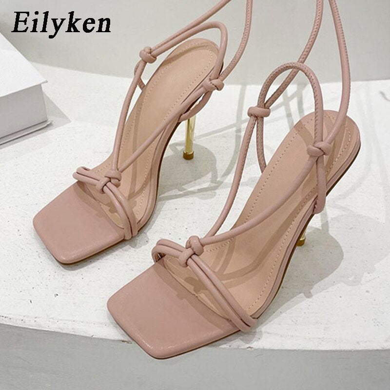 kamames Gold Narrow Band Woman Sandals 2023 New Summer Ankle Cross-tied Metal Thin High Heel Shoes Party Prom Sandalias De Mujer