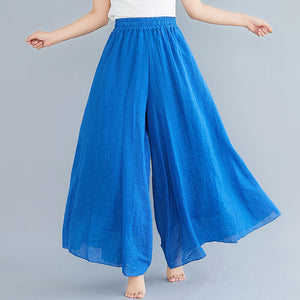 kamames Foreign Trade Mori Girl Artistic plus Size Cotton and Linen Wide Leg Culottes Elastic Waist Linen Solid Color National Style Large Swing Pantskirt