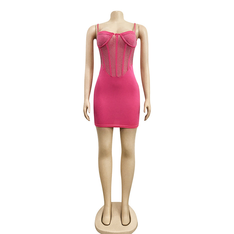 kamames Sexy White Crystal Hot Hot drilling Mini Dress Women Summer Strap Mesh Patchwork Bodycon Glitter Clubwear Dress