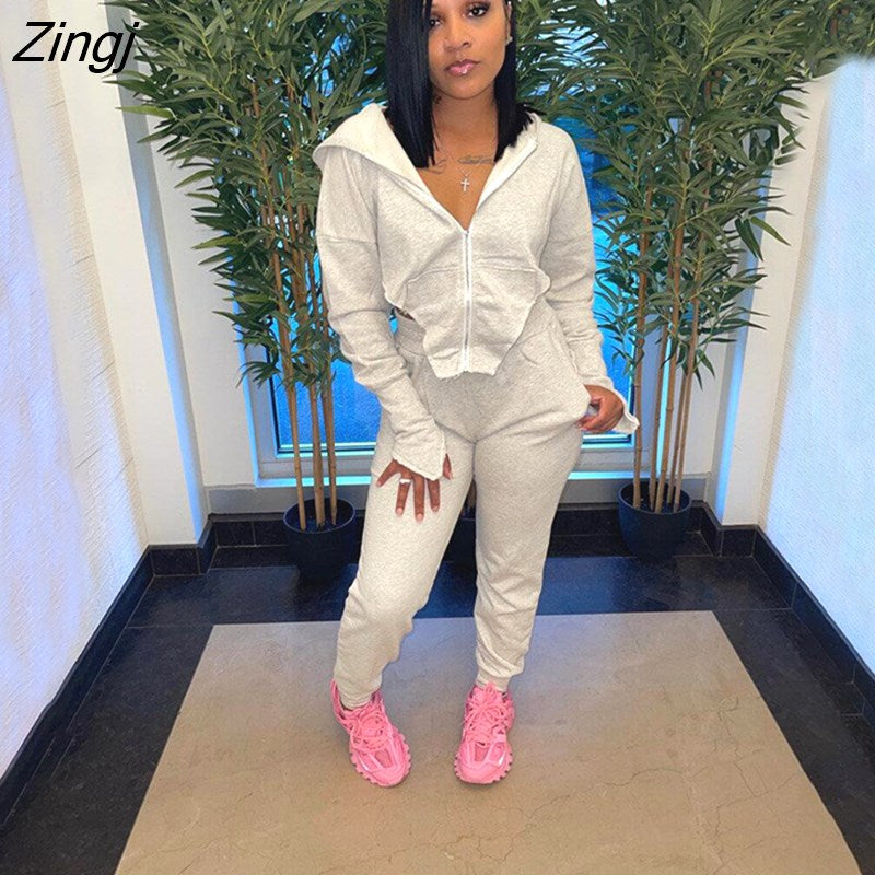 kamames Autumn Casual 2 Two Piece Sets Tracksuit Womens Outfits 2021 Hooded Zipper Long Sleeve Crop Top Sweat Pants Sets Female