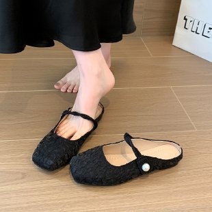 kamames Gentle Semi-Slippers Flat-Soled Shoes Women's Bag Head With A Soft Sole Silver Mary Jane Women's Shoes Temperament Word Flip-Flops