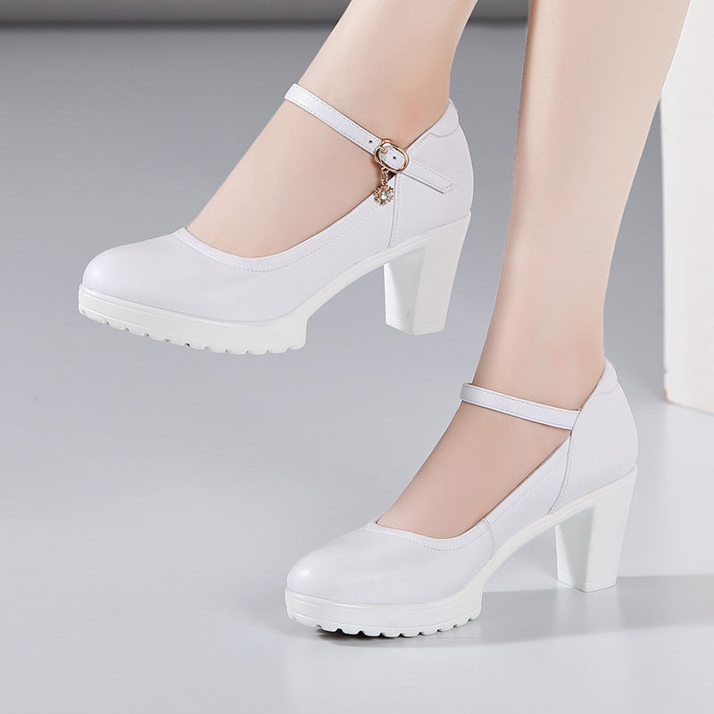kamames Cowhide Catwalk High Heels Women's Anti-Skid Thick Heel Waterproof Platform Cheongsam Models Soft Leather Work Shoes Women's Singles