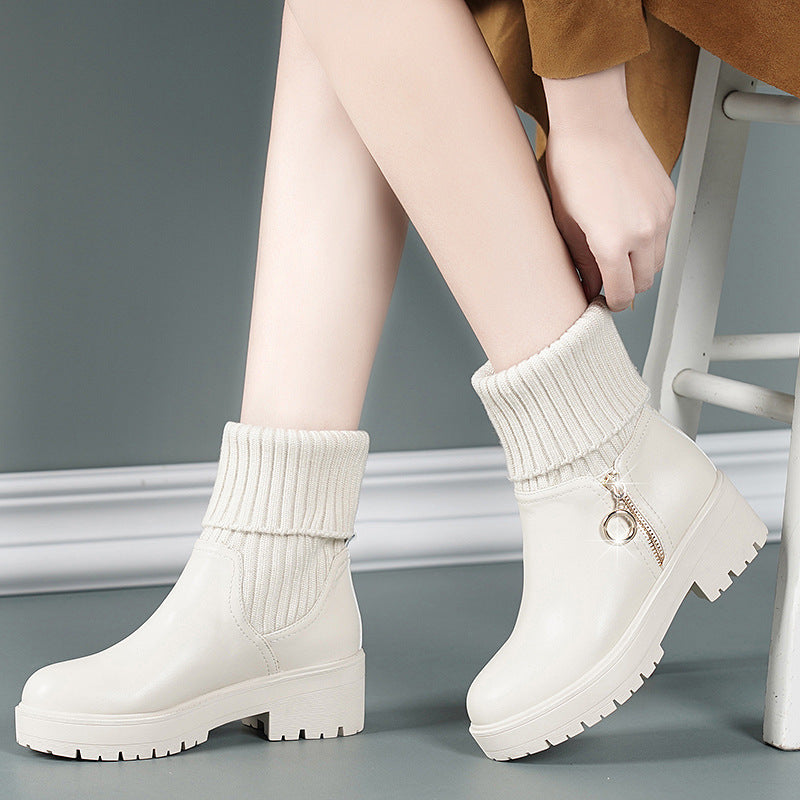 kamames Flat-Soled Short Boots Women's Thick-Soled Rice White Martin Boots With Plush Thread British Style Fashion Brand Women's Cotton Shoes