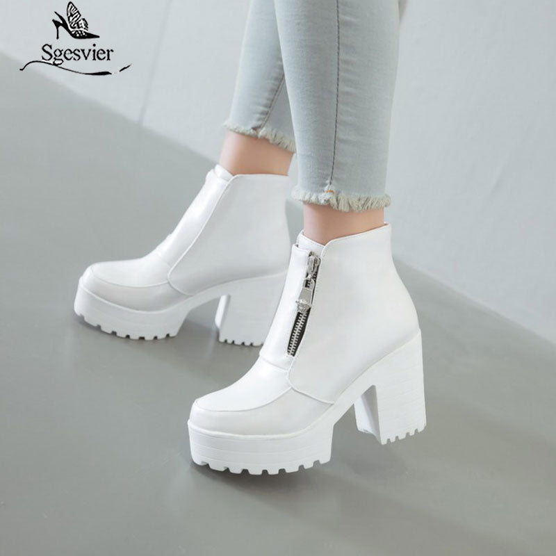 kamames Sgesvier Black White Platform Ankle Boots for Women High Heels Boots Ladies Zip Autumn Winter Booties Woman Boots Shoes 2020