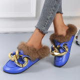 kamames Real Fur Metal Chain Mules Women Shoes Loafers Round Toe Casual Shoes Women Furry Slides Fluffy Hairy Flip Flops