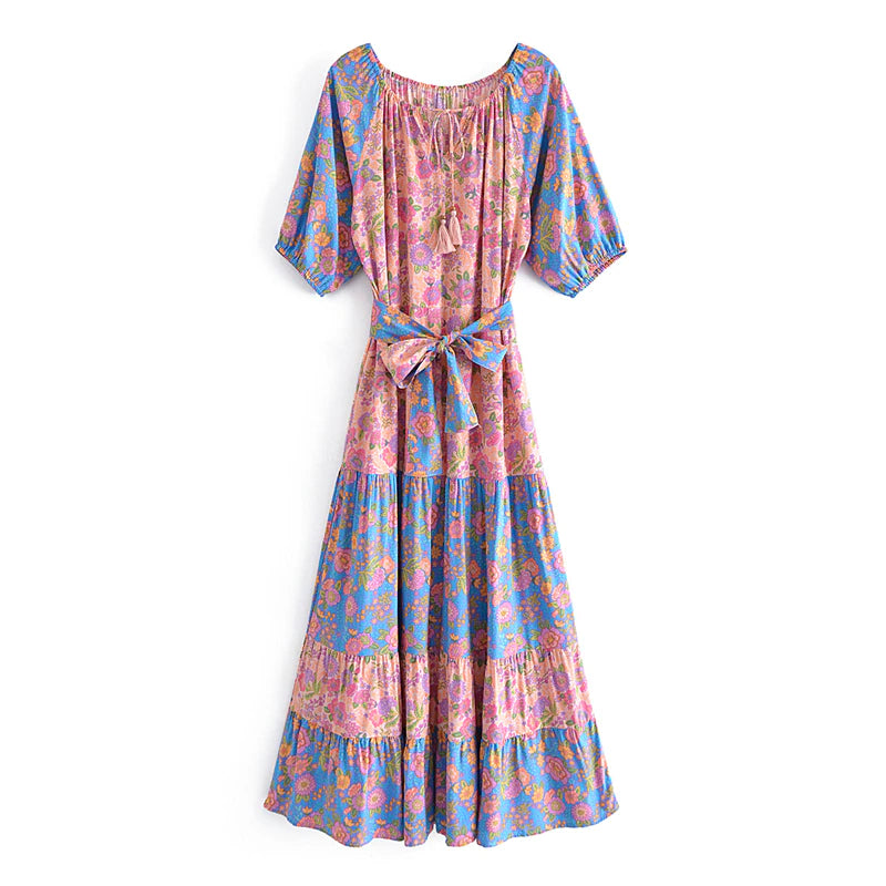 kamames Queens Women Floral Print Short Sleeve Beach Loose Sashes Tassel Bohemian Maxi Dress Ladies O-neck Boho Sundress Vestidos