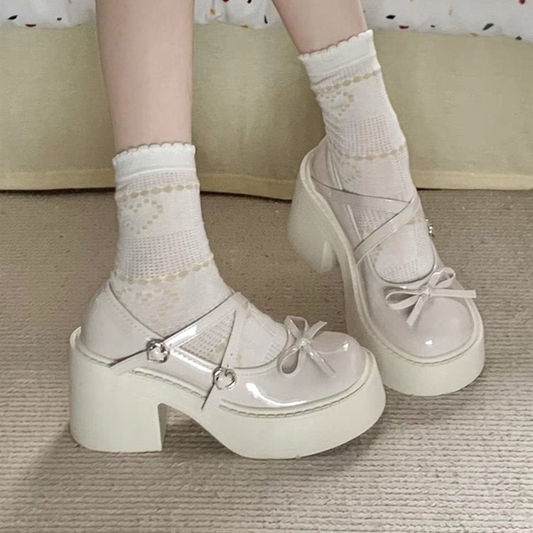 kamames Round Head Thick-Soled Small Leather Shoes 2024 New Summer Bow French Shallow Mary Jane Single Shoes