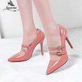 kamames SGESVIER Fashion Pointed Toe Solid High Heel Shoes Nightclub Women's Pumps Thin Heel Buckle Wedding Party Shoes Size 30-47 OX293
