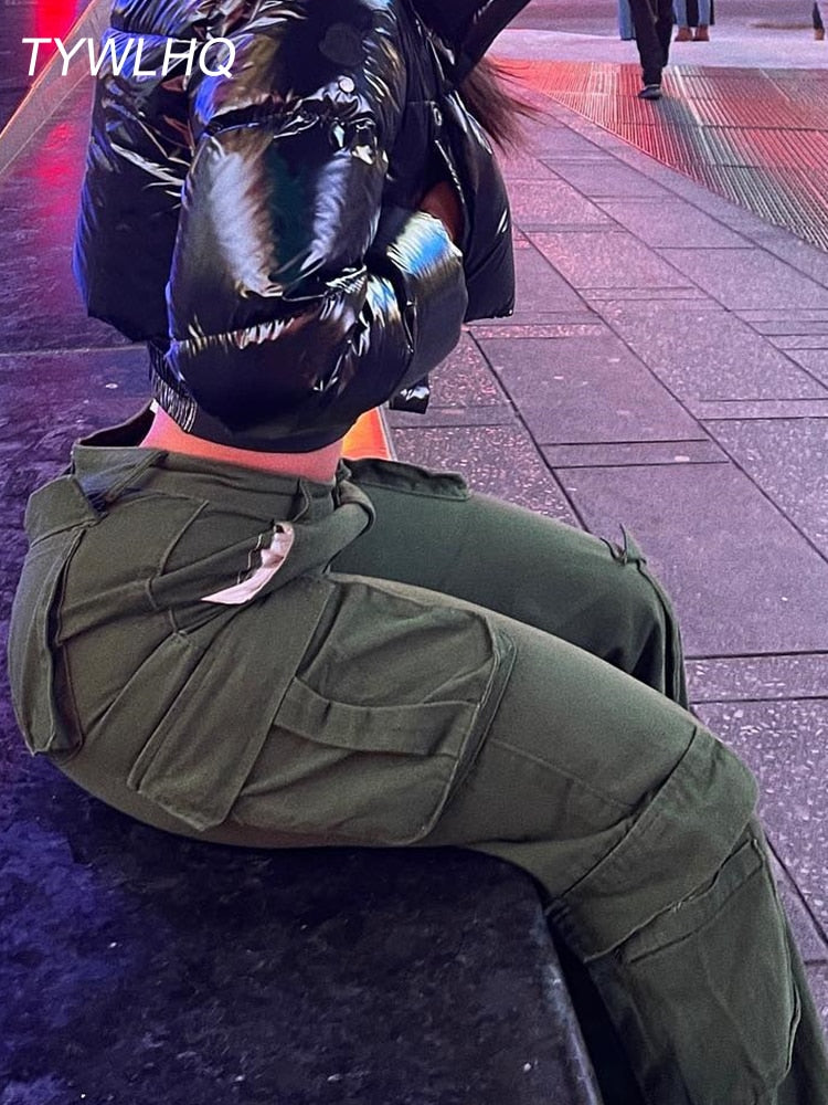 kamames Green Cargo Pants Baggy Jeans Women Fashion Streetwear Pockets Straight High Waist Casual Vintage Denim Trousers Overalls