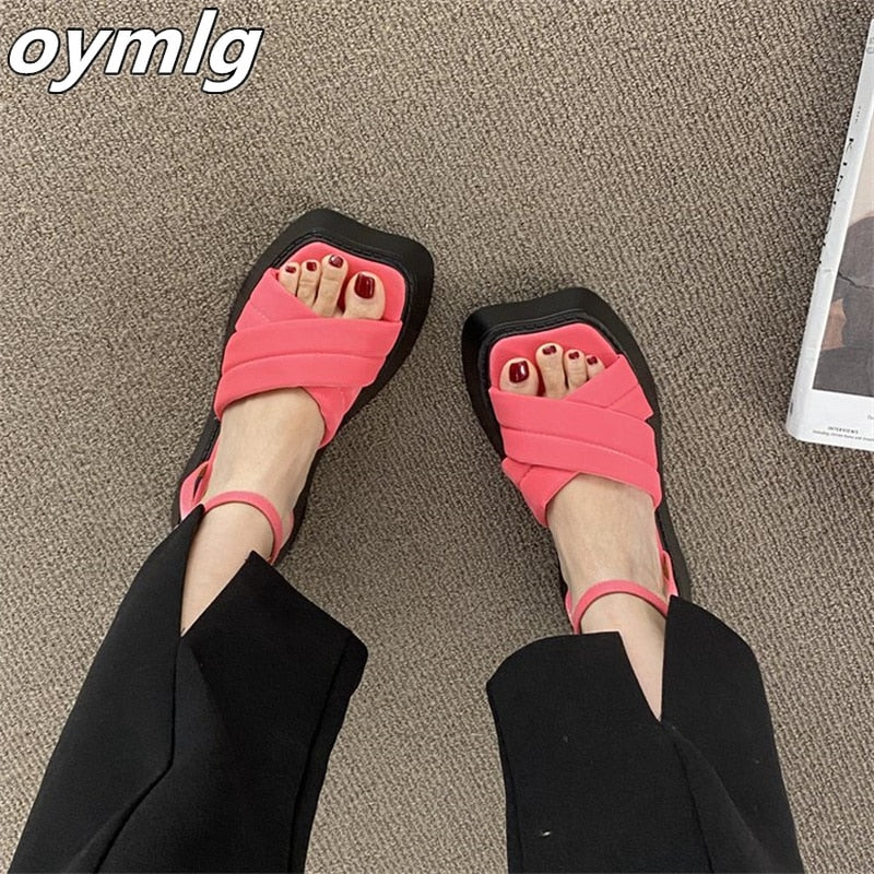 kamames design fluorescent color thick-soled platform sandals women's 2022 summer new one-word buckled open-toed shoes pumps