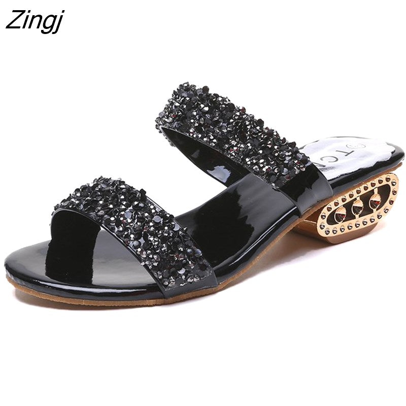 kamames Sequin Slippers Women Summer Luxury Golden Square Heel Party Shoes Slides Woman Open Toe Med Heels Beach Shoes