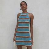 kamames Sexy Striped Dress Blue Crochet Tunic Elegant Sleeveless Women Summer Dress Beach Wear Swim Suit Cover Up Q1255