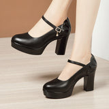 kamames Heels, Thick Heels, Walking Shoes, Women's Leather Waterproof Table, Round Head Cheongsam Show Shoes, Black Professional Work Shoes.