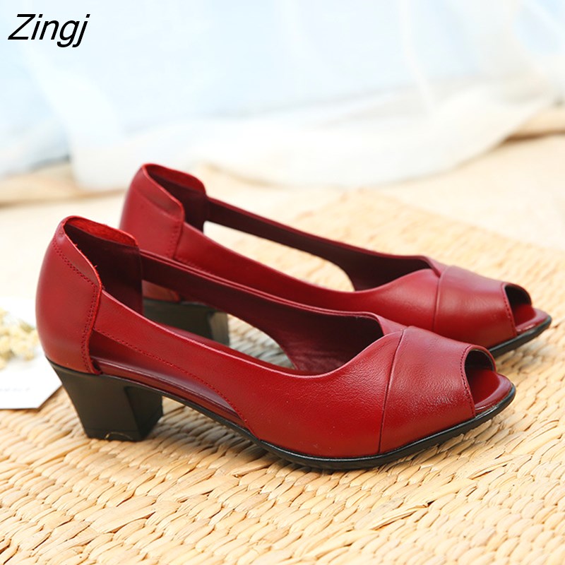 kamames Genuine Leather Comfortable Ladies Mid Heel Sandals Women Shoes Hollow Peep Toe Square Heel Sandals Woman Black