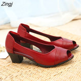 kamames Genuine Leather Comfortable Ladies Mid Heel Sandals Women Shoes Hollow Peep Toe Square Heel Sandals Woman Black