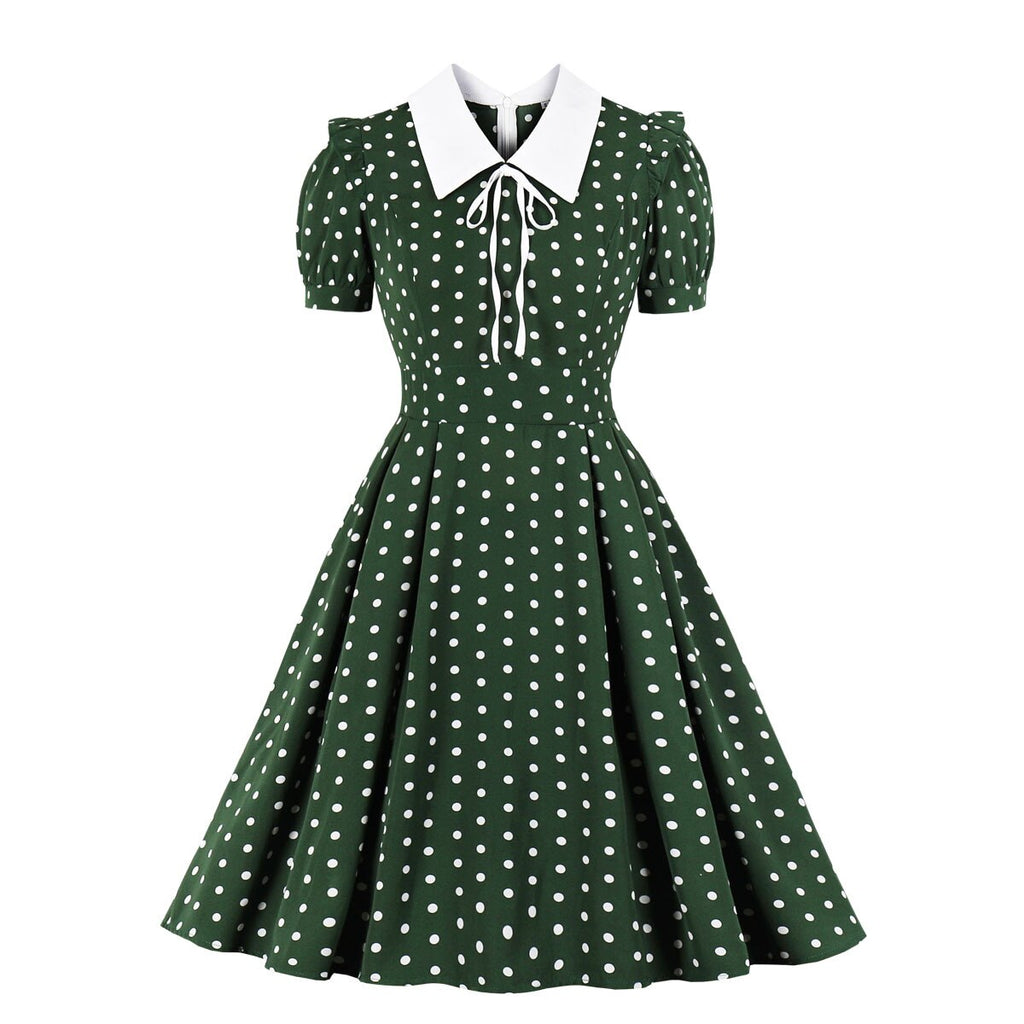 kamames Green Vintage Retro Chiffon Party Women Dress Polka Dots Print Turn Down Collar With Bow Rockabilly A Line Party Sundress
