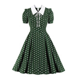 kamames Green Vintage Retro Chiffon Party Women Dress Polka Dots Print Turn Down Collar With Bow Rockabilly A Line Party Sundress