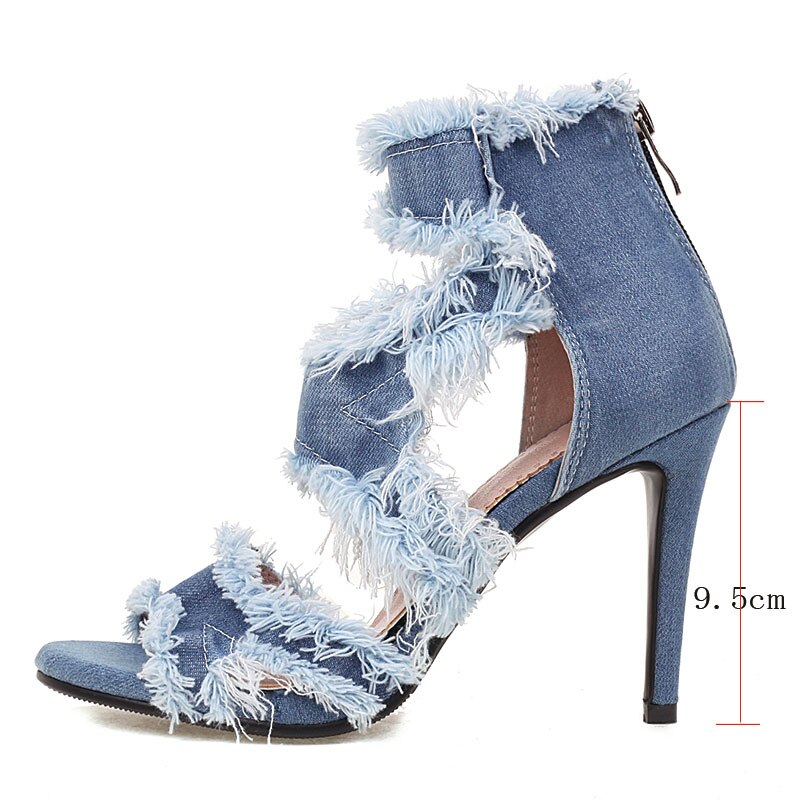 kamames Sgesvier Stiletto High Heels Gladiator Sandals for Women Cutout Jean Denim Tassel Fringe Sandal Shoes Summer Ladies size 33-46