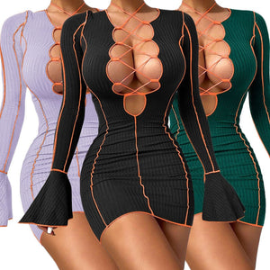 kamames Ribbed Bodycon Dresses Stripe Low-Cut Hollow Out Long Flared Sleeve Club Partywear Fashionable Lace Up Fall Clothing
