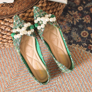 kamames Green Soft Pointed Toe Flat Shoes Women Ballet Shoes 2023 Spring New Pearl Bow Korean Ladies OL Office Shoes
