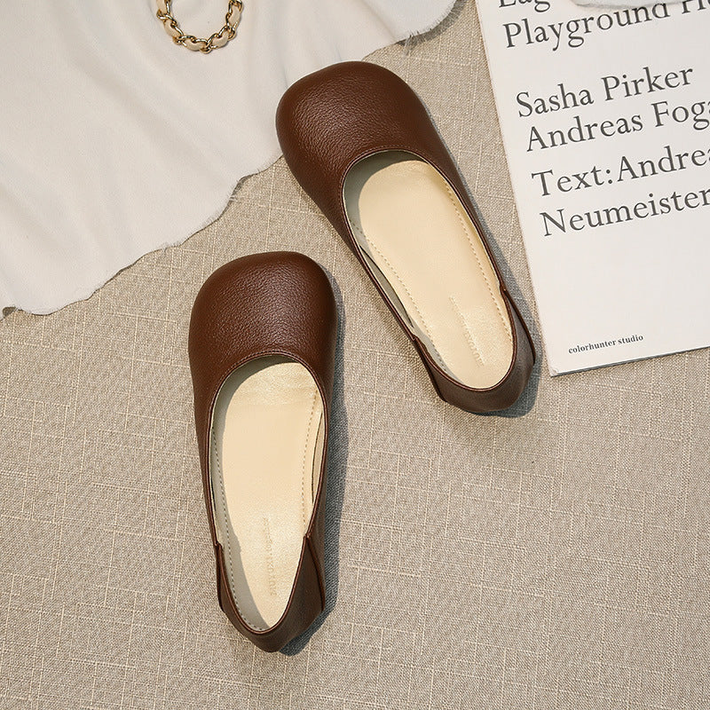 kamames Grandma Shoes Women's Summer 2024 New Flat-Soled Shallow Single Shoes Retro Mango Head Bean Shoes Low-Heeled Leather Shoes