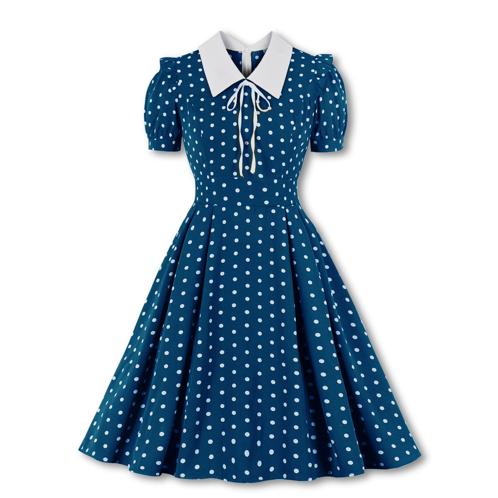 kamames Green Vintage Retro Chiffon Party Women Dress Polka Dots Print Turn Down Collar With Bow Rockabilly A Line Party Sundress