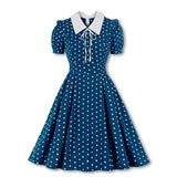 kamames Green Vintage Retro Chiffon Party Women Dress Polka Dots Print Turn Down Collar With Bow Rockabilly A Line Party Sundress