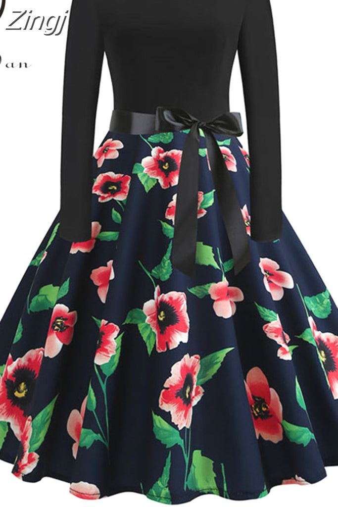 kamames Print Vintage Women New Spring Elegant Party Long Sleeve Casual Black Patchwork Midi Dress