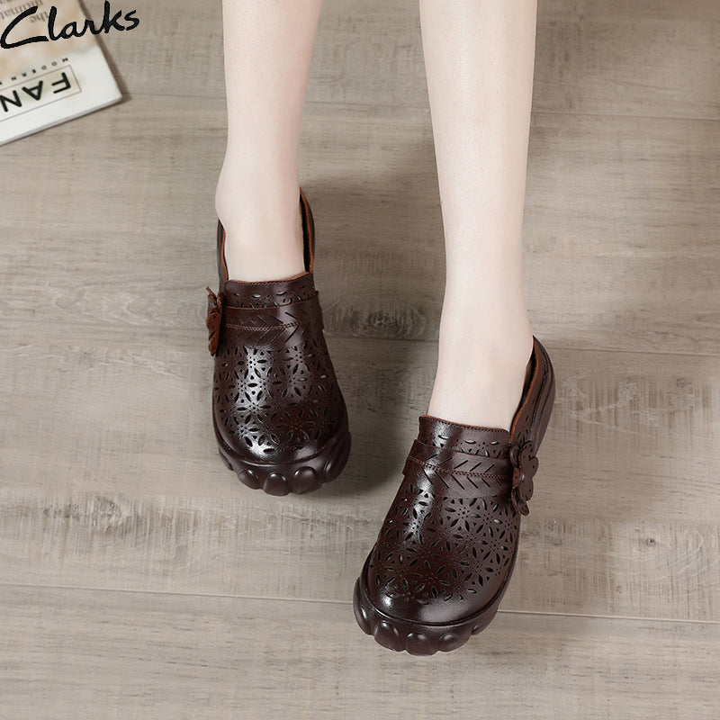 kamames Head Layer Cowhide Leisure Women's Shoes Ethnic Wind Leather Flowers Breathable Women's Sandals Large Size Comfortable Soft Sole Slippers