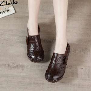 kamames Head Layer Cowhide Leisure Women's Shoes Ethnic Wind Leather Flowers Breathable Women's Sandals Large Size Comfortable Soft Sole Slippers