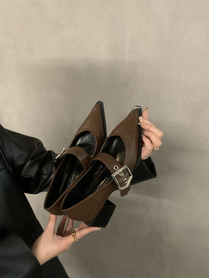 kamames Pointed Mary Jane Small Leather Shoes British Spring 2024 New Korean Version Of French Rough Heels Love Single Shoes