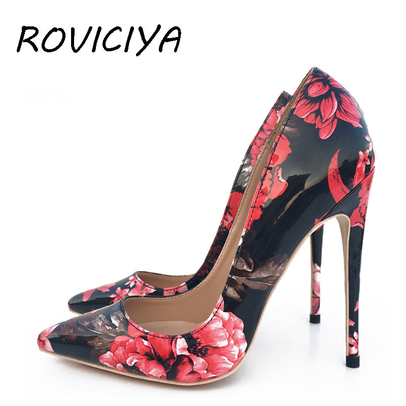 kamames red black flower pointed toe new ladies high-heeled shoes women's shoes 12cm extreme high heel QP061 ROVICIYA