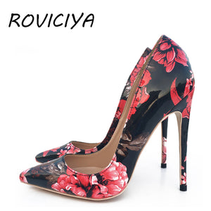kamames red black flower pointed toe new ladies high-heeled shoes women's shoes 12cm extreme high heel QP061 ROVICIYA