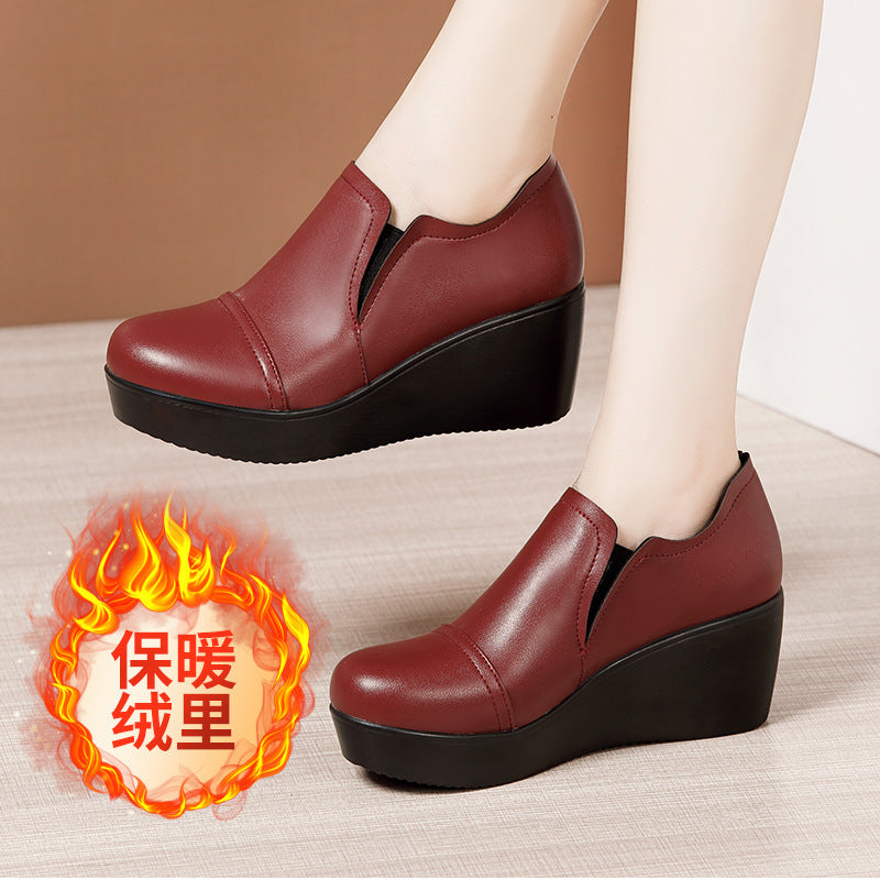 kamames Heel Middle Heel Deep Mouth Single Shoes 2023 Autumn And Winter New Muffin Bottom Thick Bottom Waterproof Table Round Head Large Size Mother Shoes