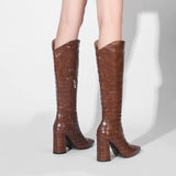 kamames Fashion Knee High Boots Autumn Winter Women Pu Leather Square High Heel Western Boots Pointed Toe Zipper Woman Shoes White