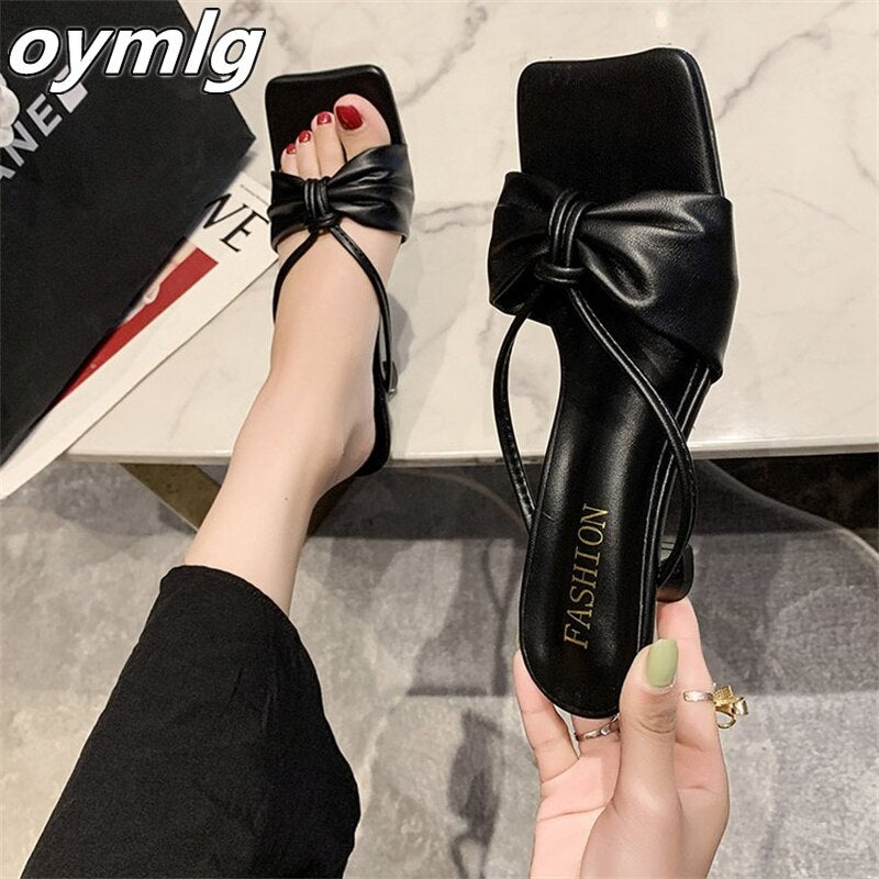 kamames spring and summer new square head back empty fashion casual women's shoes bow stiletto high heel comfortable slippers