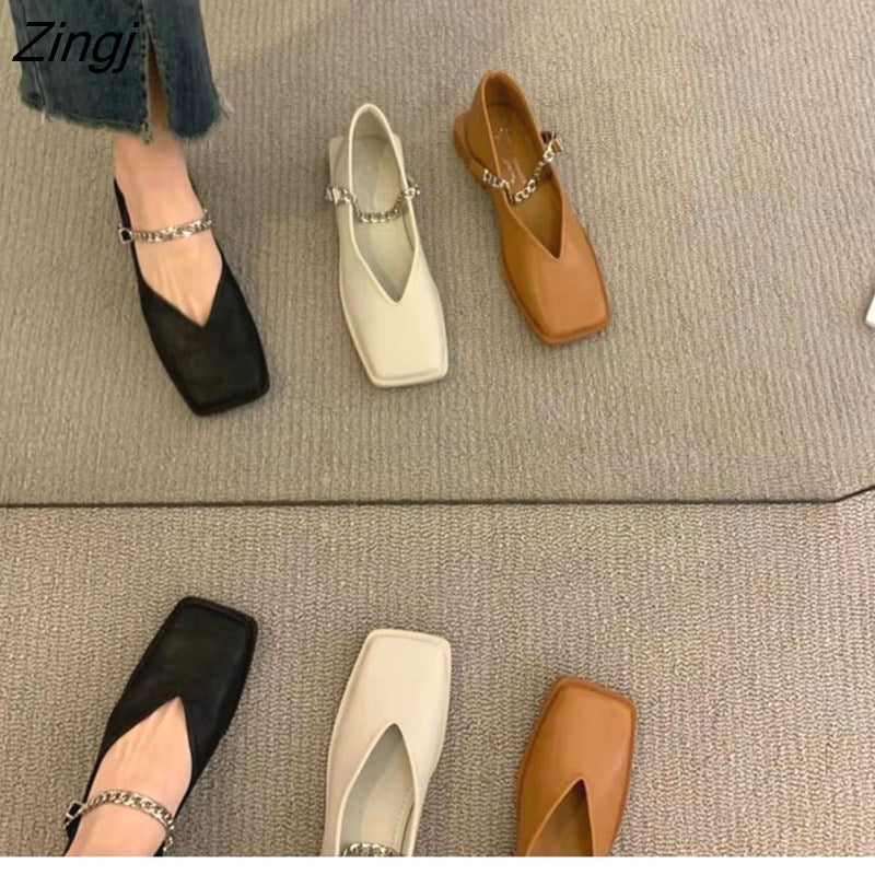 kamames Deformed Heel Autumn Luxury Chain Square Head Shallow Flat Shoes Women's Lazy Loafer Casual Flat Square Heels Lolita Shoes