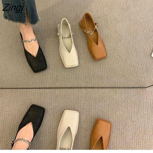 kamames Deformed Heel Autumn Luxury Chain Square Head Shallow Flat Shoes Women's Lazy Loafer Casual Flat Square Heels Lolita Shoes
