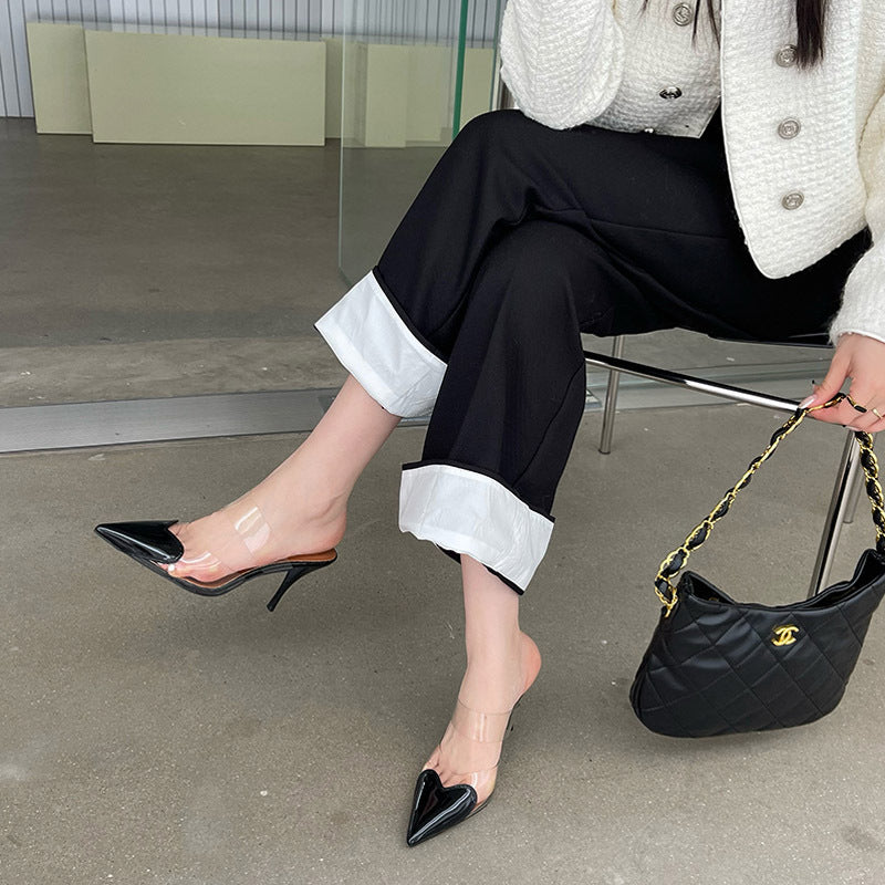 kamames Heels Transparent Love Noodles Spring And Summer New Matching Color Thin-Heeled Women's Shoes Korean Version Of Shallow Mouth Baotou Semi-Pointed Women's Shoes