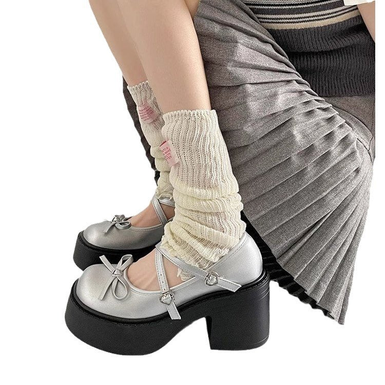 kamames Round Head Thick-Soled Small Leather Shoes 2024 New Summer Bow French Shallow Mary Jane Single Shoes