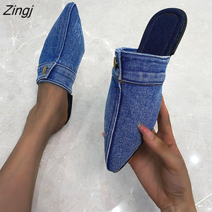 kamames Design Slippers 2023 Spring New Pointed Deep Mouth Thick High-heeled Denim Outer Wear Baotou Slippers Shoes for Women