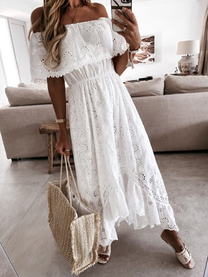 kamames Queens Vintage Women Slash Neck Short Sleeve Beach White Maxi Dress Ladies Embroidery Lace Hollow Out Boho Dresses