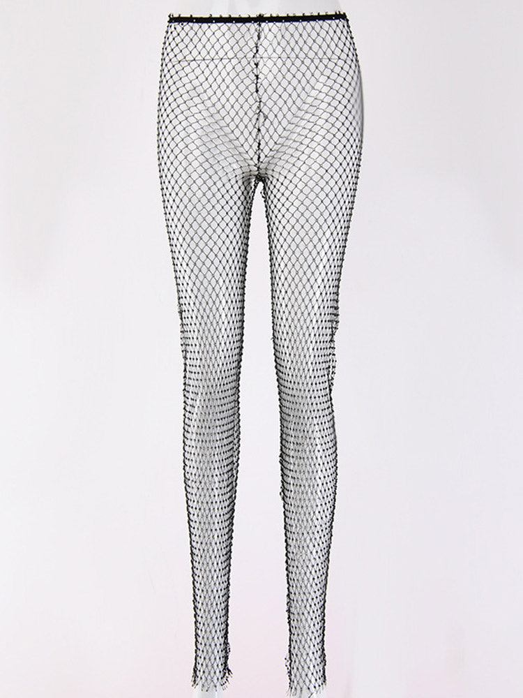 kamames Diamond Mesh Pants Women Sexy Summer Hollow Out Transparent Loose Long Fishnet Pants 2024 New BeachWear Trousers
