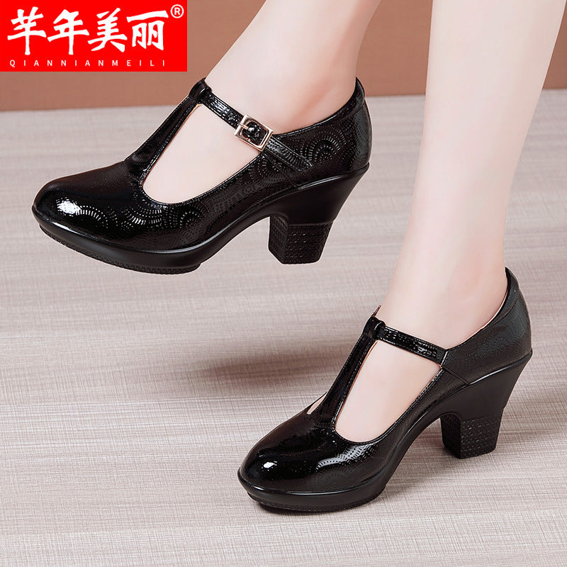 kamames Heel Cheongsam Catwalk High Heels Women's Thick Heels Round Head Large Size Square Dancing Shoes T-String Buckle Comfortable Mother Single Shoes