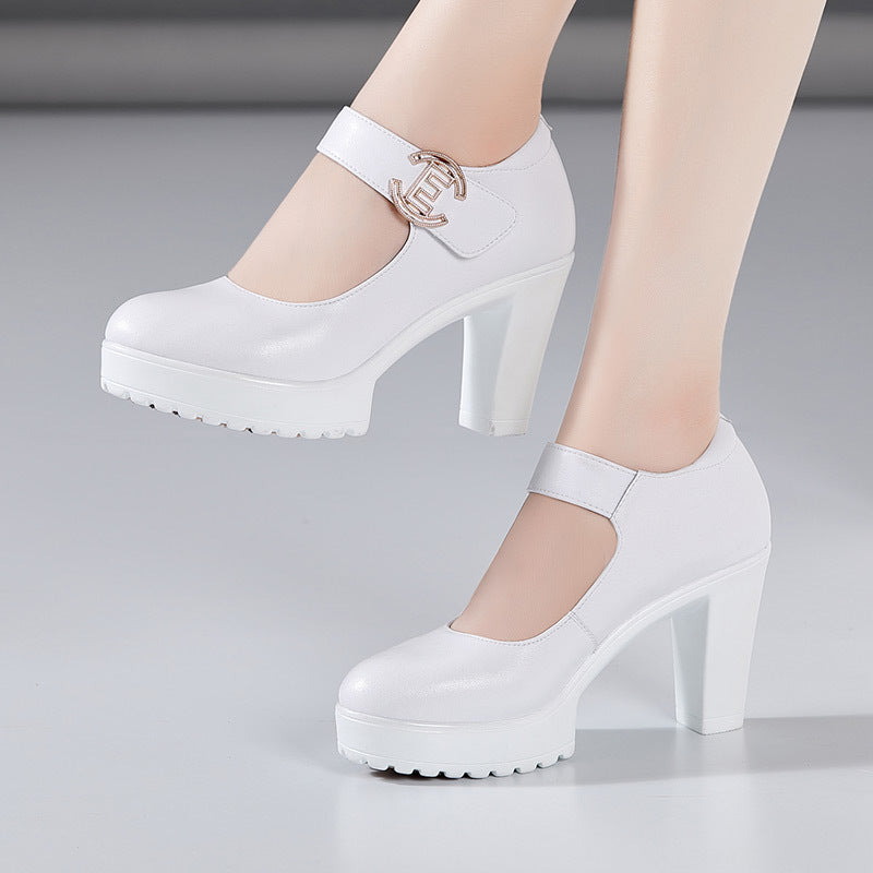 kamames Cowhide Cheongsam Model Catwalk High Heels Women's Non-Slip Round Head Thick-Soled Waterproof Platform Professional Work Shoes Women's Singles Shoes
